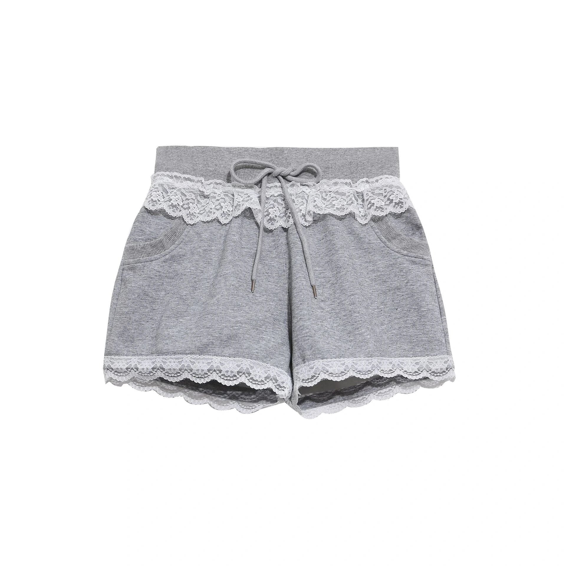 Gray Lace Trim Sports Shorts High Waisted Drawstring Loose Fit Cotton Blend Casual Summer — variant_front