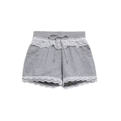 Gray Lace Trim Sports Shorts High Waisted Drawstring Loose Fit Cotton Blend Casual Summer — variant_front
