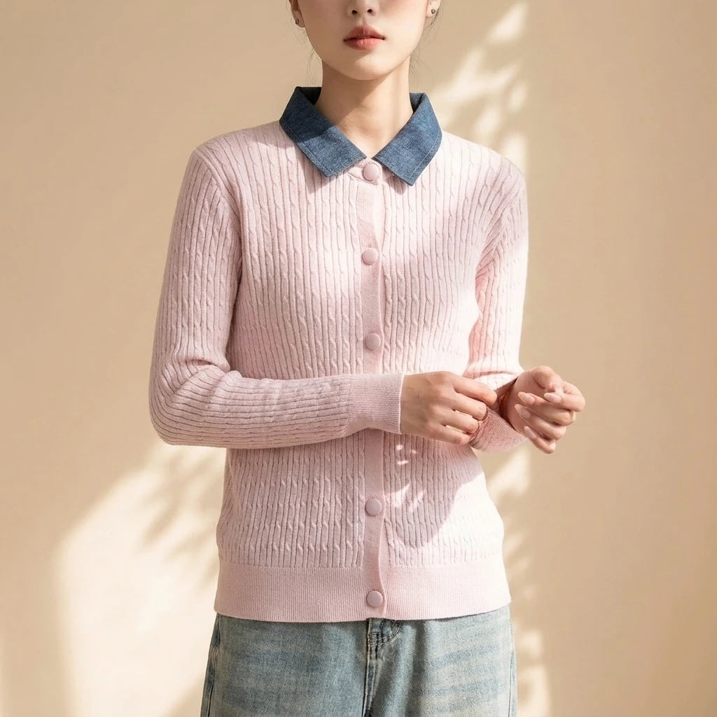 Chunky Knit Color-block Polo Neck Sweater for WomenLoose Fit Slimming Design Autumn/Winter Outwear — variant_front