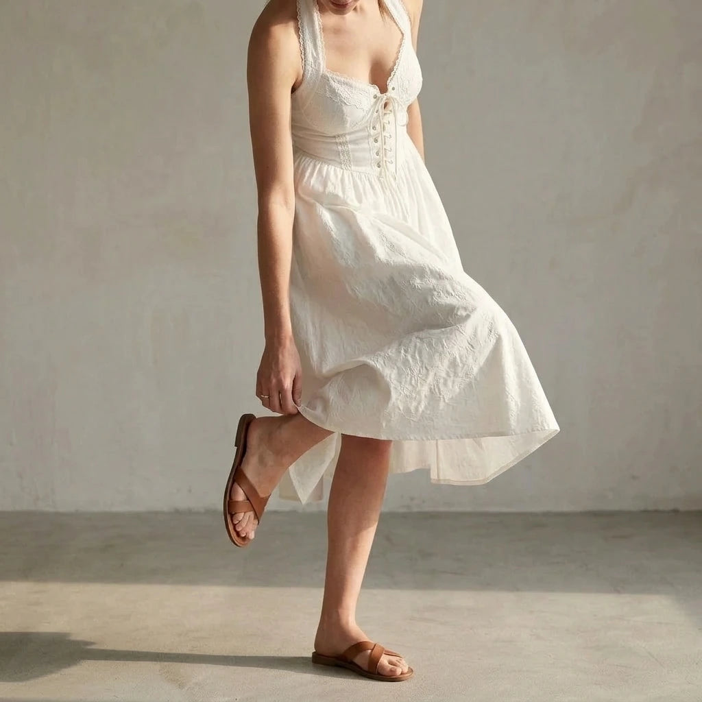 Refined White Embroidery Midi Dress Women's Formal A-Line Halter Sheath Sleeveless Slip Special Occasion Summer Viscose No Stretch — lifestyle