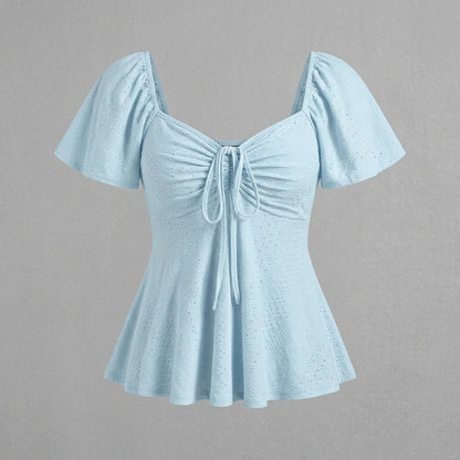 2026 Women Y2k Summer Tops V-Neck Drawstring Sexy Lace Up Short Sleeve Solid Color Shirts Female Elegant Casual Fashion Blouses — variant_front