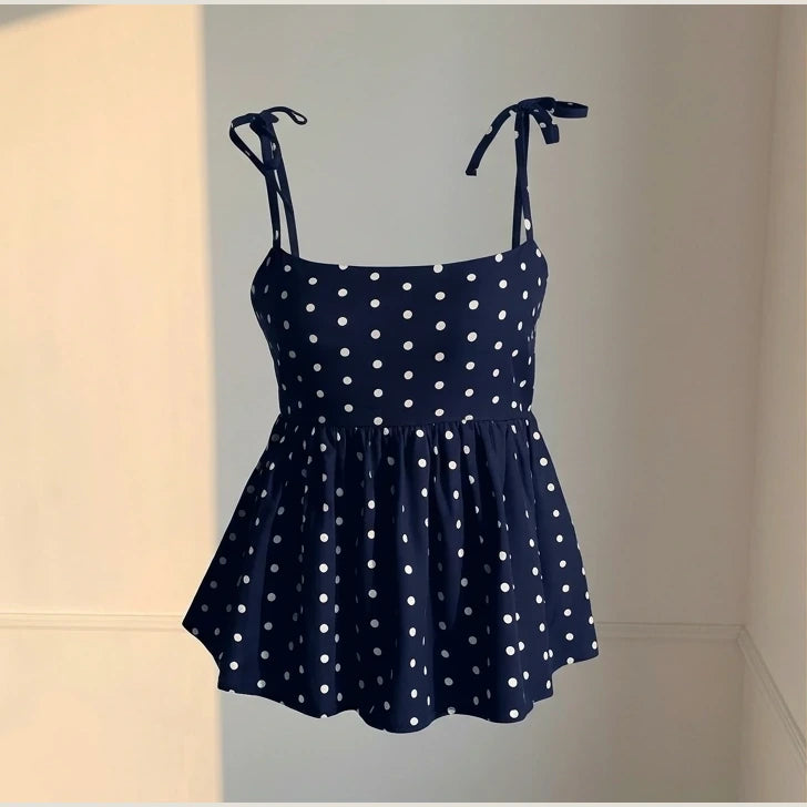 Women's Polka Dot Crop Cami With Spaghetti Straps And Flared Hem Polka Dot Camisole Babydoll Top Babydoll Tops Polkadot Top Cute — product_only_front