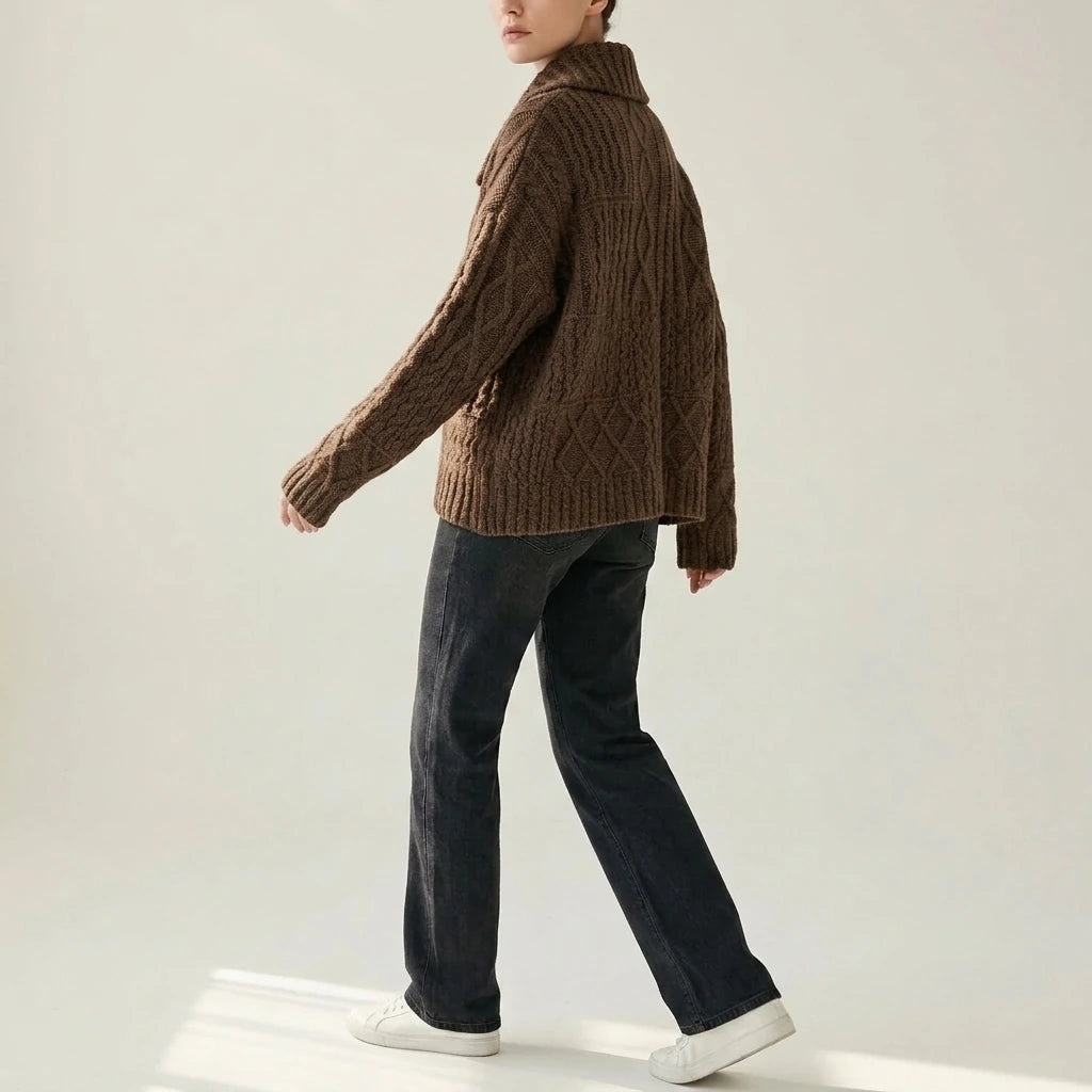 Turn-Down Collar Cable Knit Sweater Coat for Women Autumn Winter Retro Lazy Style Thick Chunky Knit Sweater — variant_front