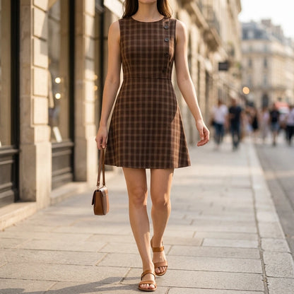Elegant Plaid Ruched Mini Dress for Women, Sleeveless Sheath, Natural Waist, Daily Office Casual, Brown Polyester, Summer Fall — lifestyle