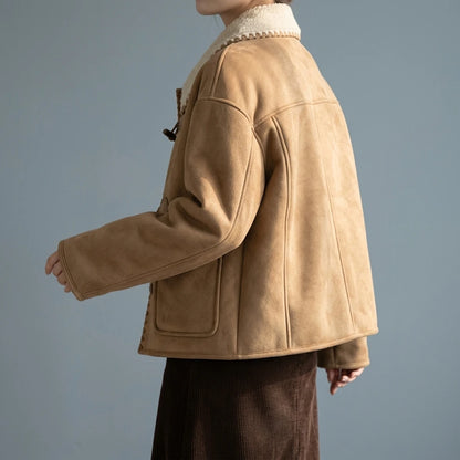 Faux Suede Shearling Coat for Women Winter Short Length Thickened One-Piece Fur and Leather Jacket — lifestyle