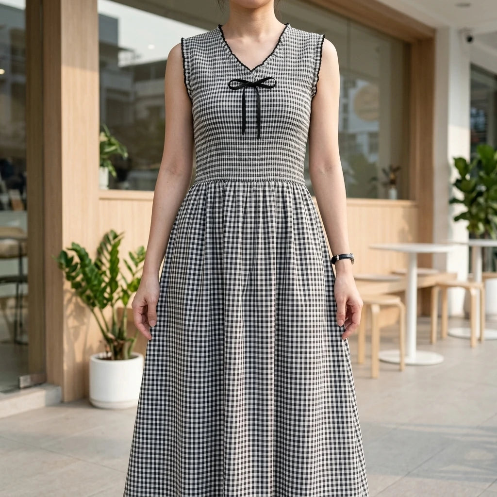 Elegant Plaid Midi Dress for Women Shirred Sheath Contrasting V Neck Sleeveless Natural Waist Daily Summer 100% Cotton Black — lifestyle