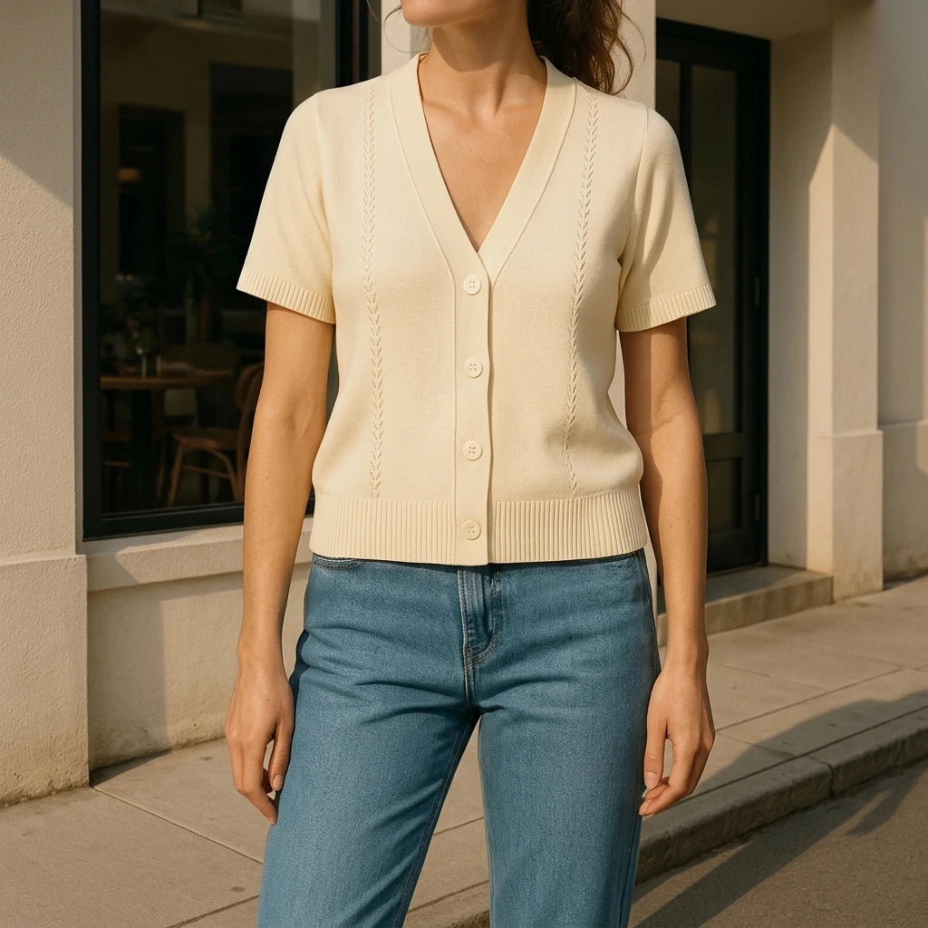 Chic Textured Cardigan Women's Casual Daily Button-Up Top High Stretch Short Sleeve Hip Length Apricot Polyester Spring Summer — lifestyle