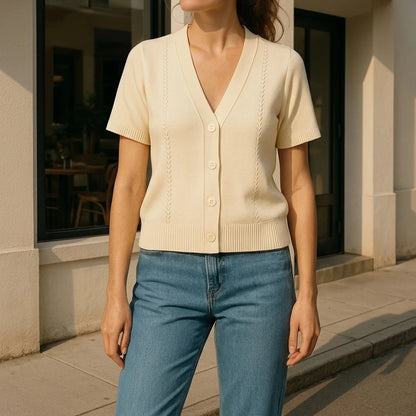 Chic Textured Cardigan Women's Casual Daily Button-Up Top High Stretch Short Sleeve Hip Length Apricot Polyester Spring Summer — lifestyle