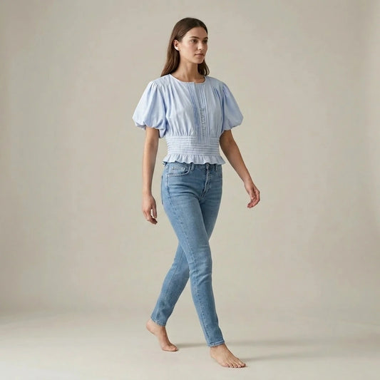 MUJER Blue Ruffle Blouses for Women Puff Sleeve Woman Blouses and Tops Summer Casual Crop Top Woman Fashion Woman Blouse 2026 — lifestyle_lead