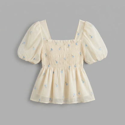 French Style Floral Print Square Collar Bubble Sleeve Slimming Top Short Sleeve Waist Cinched Summer 2026 Fashion Trend — variant_front