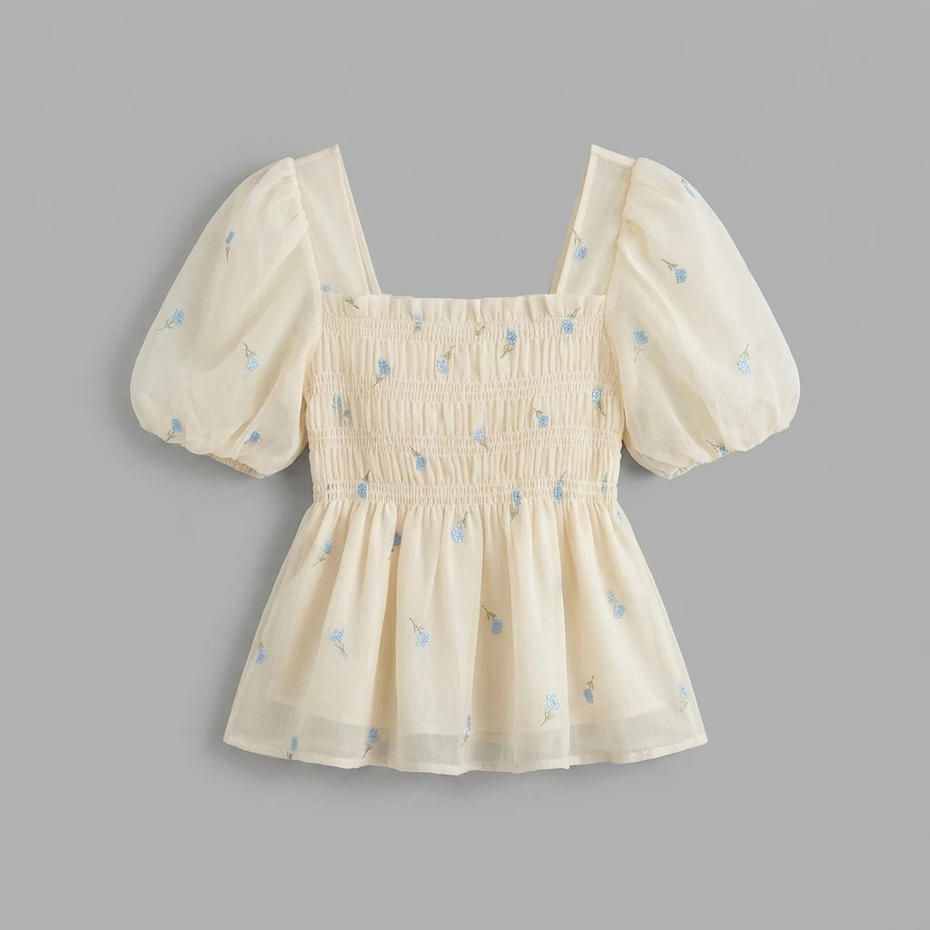French Style Floral Print Square Collar Bubble Sleeve Slimming Top Short Sleeve Waist Cinched Summer 2026 Fashion Trend — variant_front