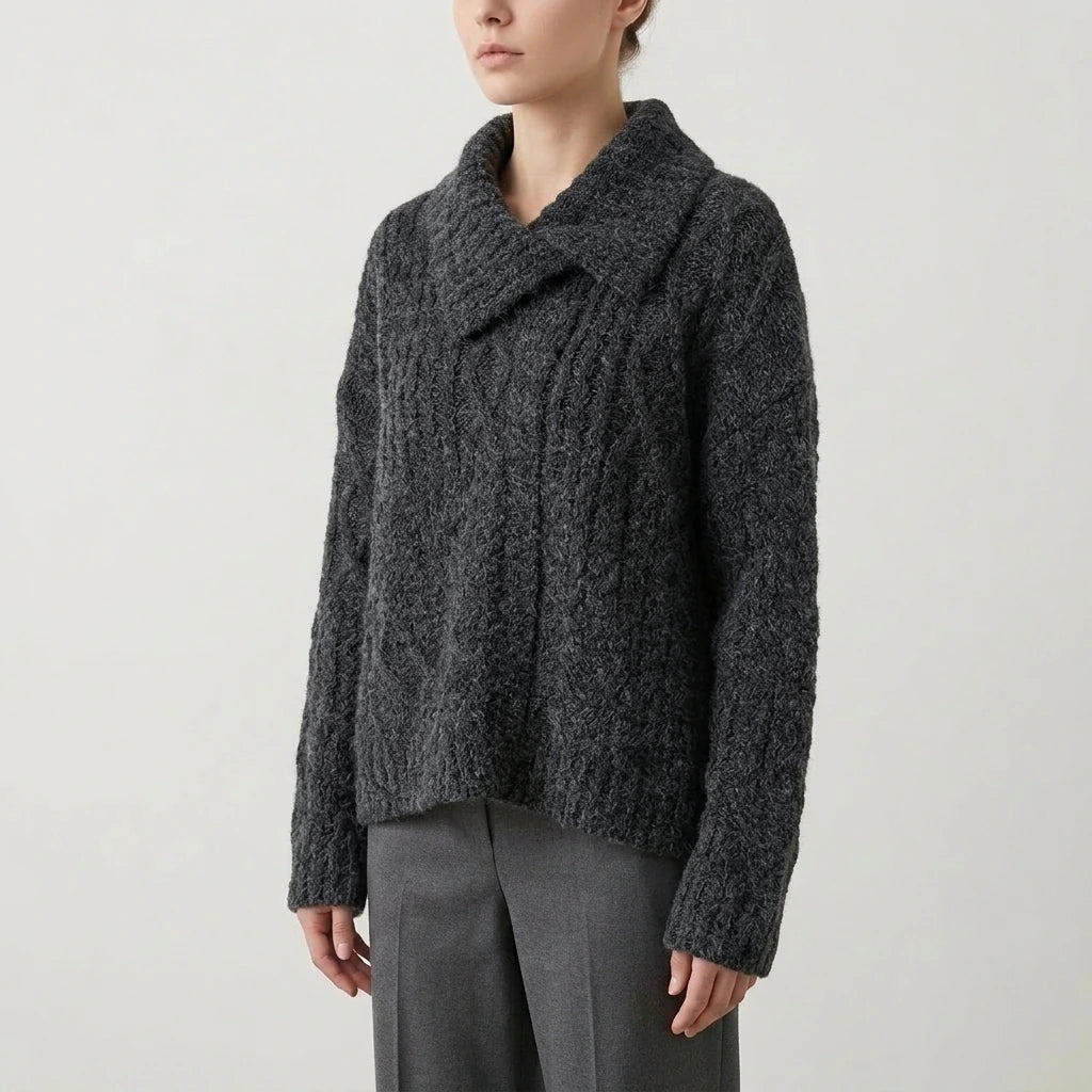 Turn-Down Collar Cable Knit Sweater Coat for Women Autumn Winter Retro Lazy Style Thick Chunky Knit Sweater — variant_front