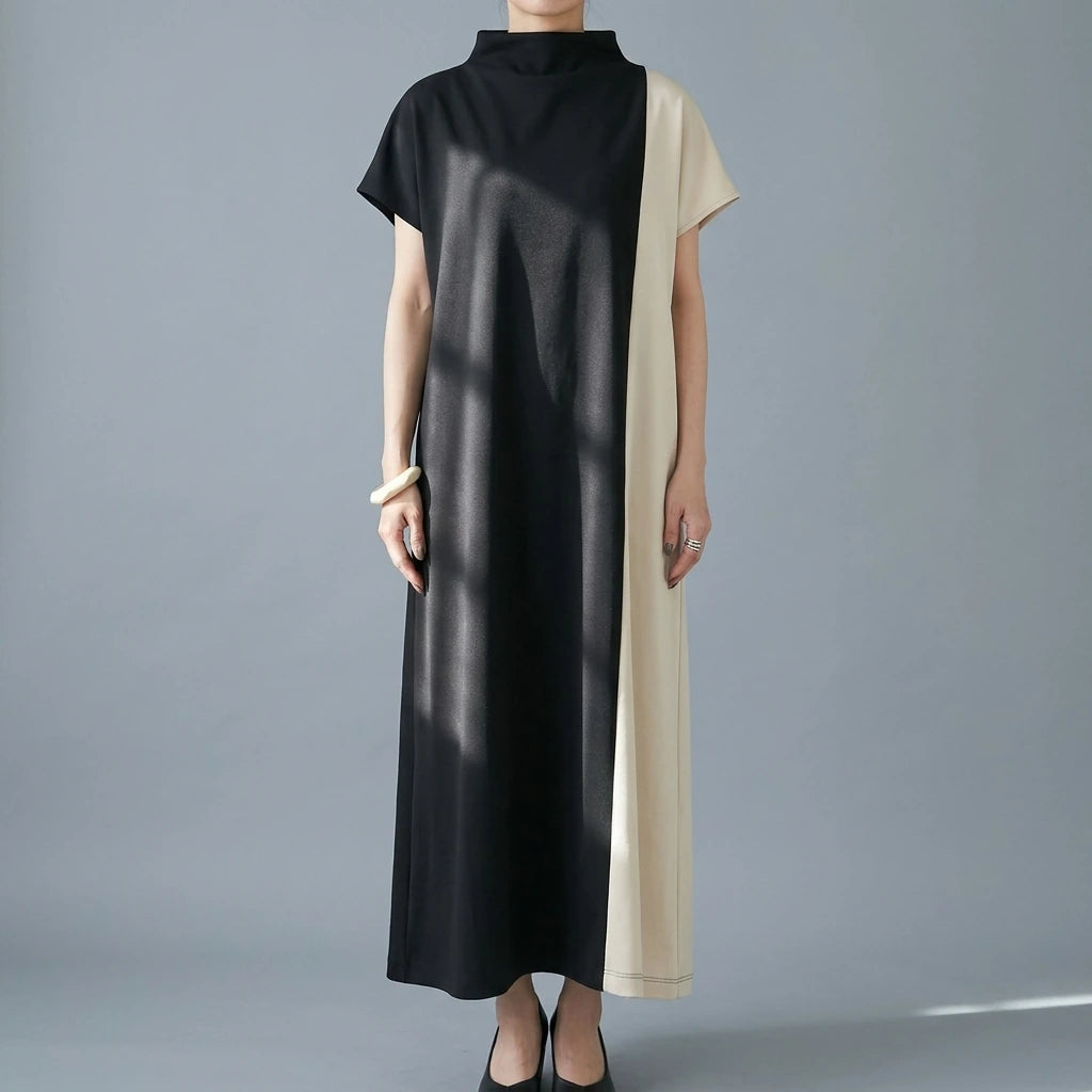 Japanese half turtleneck patchwork long dress — lifestyle