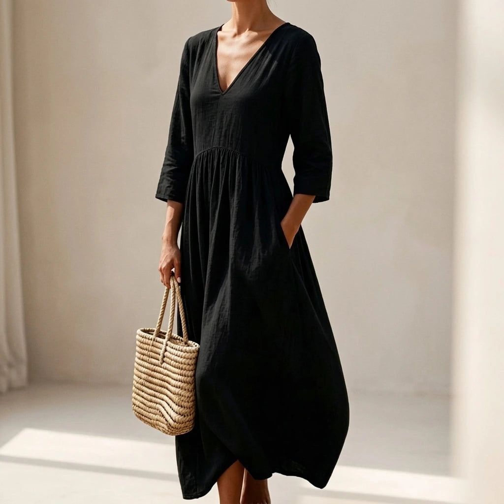 White Solid V-Neck Long Dress, Three-Quarter Sleeve Pullover, Elegant Polyester, Summer — lifestyle