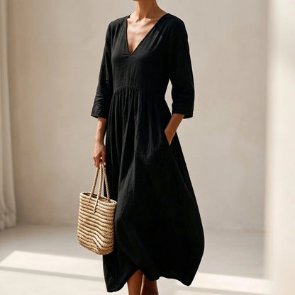 White Solid V-Neck Long Dress, Three-Quarter Sleeve Pullover, Elegant Polyester, Summer — lifestyle