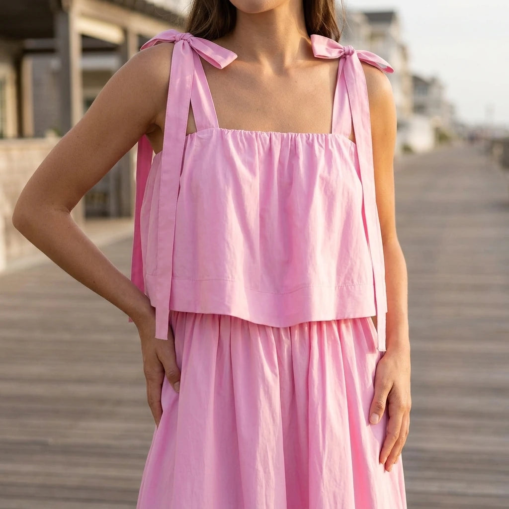 Pink Midi Dress Camisole Slip Dress Sleeveless Bow Detail Elastic Polyester Sweet Summer — lifestyle