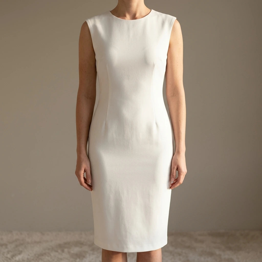 White Slim Fit Midi Dress, Sleeveless Round Neck, Solid Polyester, Effortless Summer Style — lifestyle
