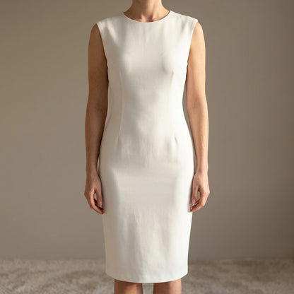 White Slim Fit Midi Dress, Sleeveless Round Neck, Solid Polyester, Effortless Summer Style — lifestyle