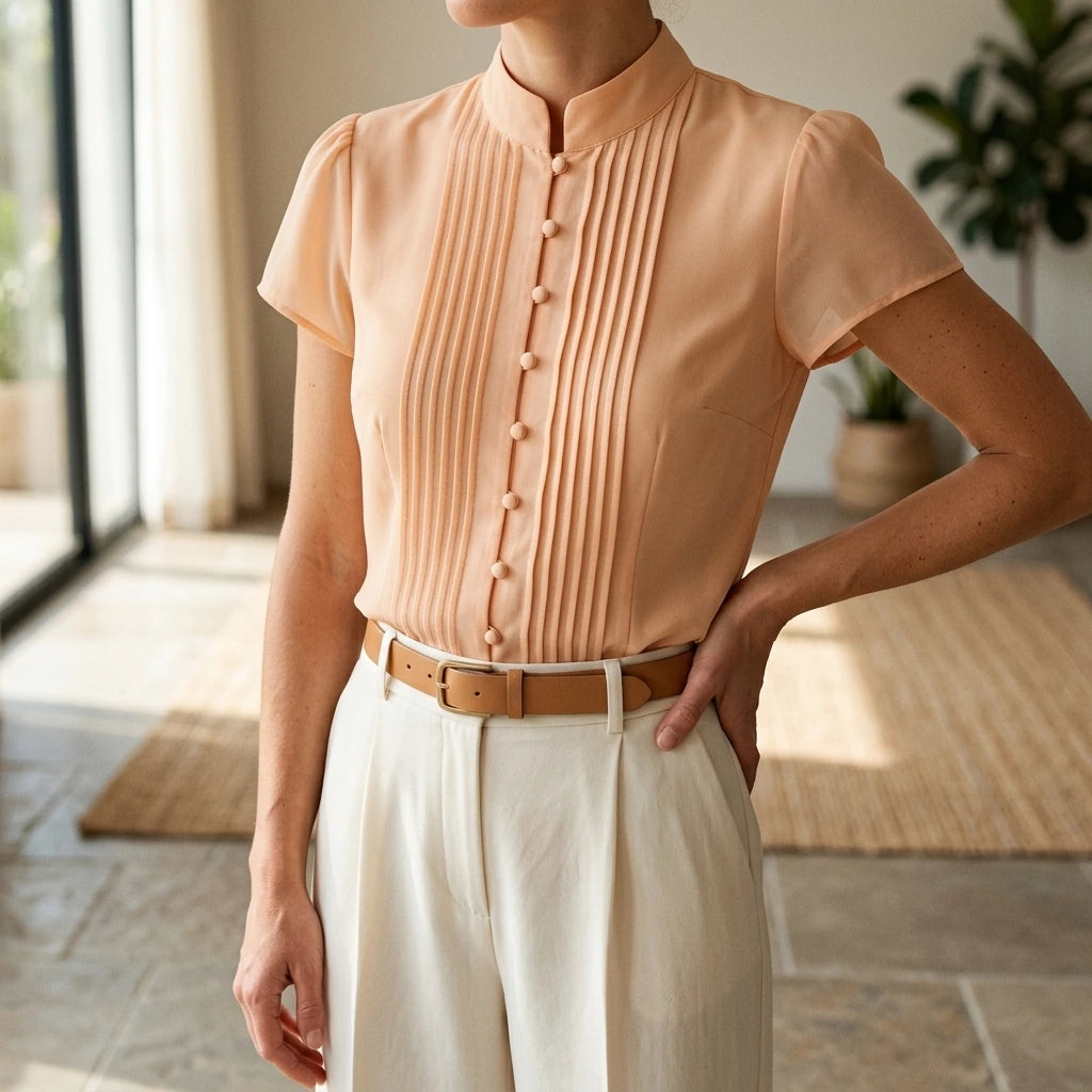 Elegant Ruched Cut Out Blouse Women's Mock Neck Cap Sleeve Chic Daily Office Casual Summer Top Apricot Solid Polyester Hip Length — lifestyle_lead
