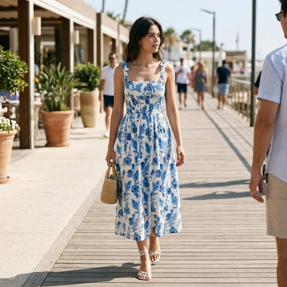 【Elegant Romance】Floral Corset Dress with Knotted Straps & Smocked Bodice, Bodycon Party Guest Dress for Wedding, Date Night — lifestyle