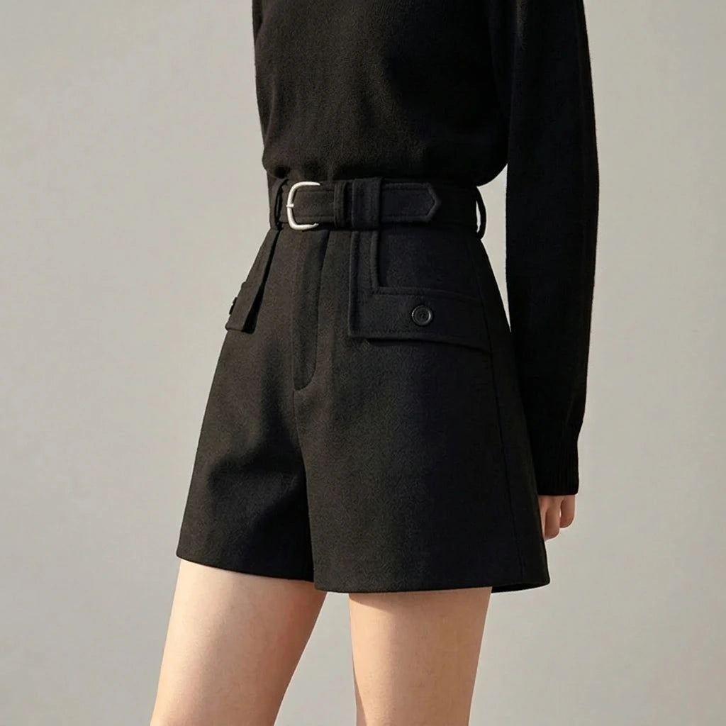 Solid Color Casual Shorts for Women High Waist Woolen — variant_front
