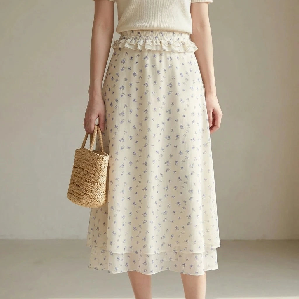 Elegant A-Line Chiffon Midi Skirt for Women, High Waist, Floral Print, Daily Office or Summer Outfits, Beige Polyester No Stretch — lifestyle