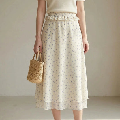 Elegant A-Line Chiffon Midi Skirt for Women, High Waist, Floral Print, Daily Office or Summer Outfits, Beige Polyester No Stretch — lifestyle