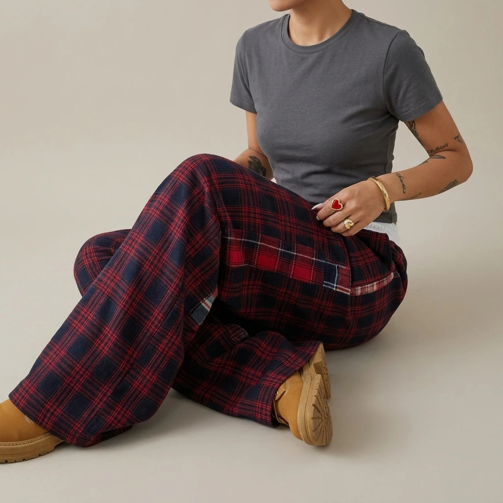 Loose Lazy Style Straight Leg Plaid Patchwork High Waist Drape Casual Sweatpants — variant_front