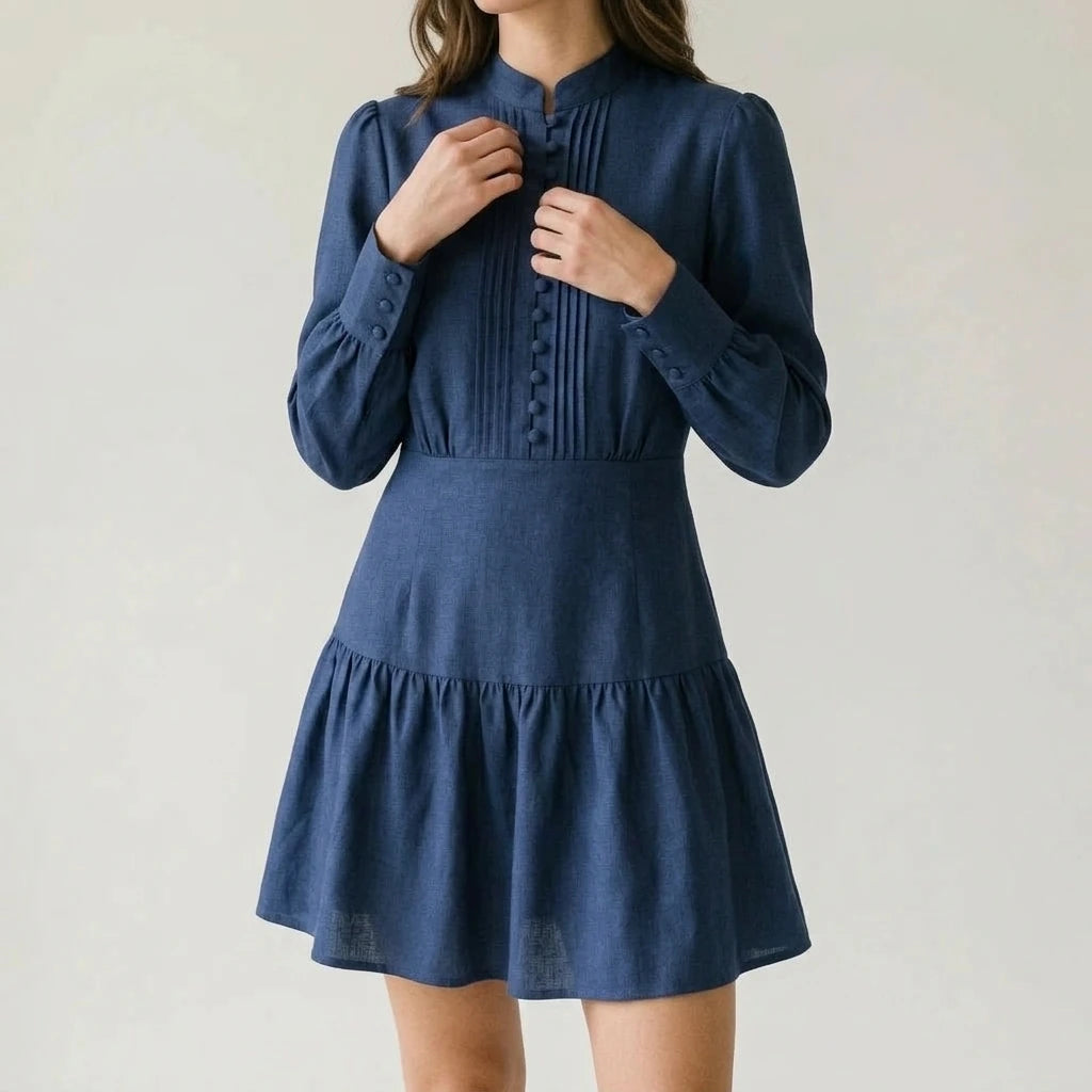 Blue Pleated Skater Mini Dress Women's Casual A-Line Daily Wear Mandarin Collar Long Bishop Sleeve Natural Waist Solid Polyester Autumn Winter — lifestyle