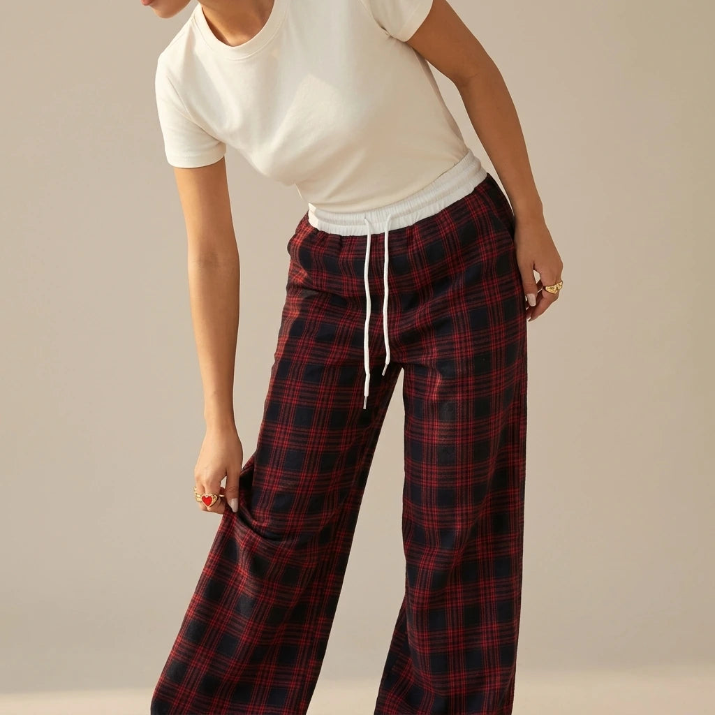 Loose Lazy Style Straight Leg Plaid Patchwork High Waist Drape Casual Sweatpants — variant_front