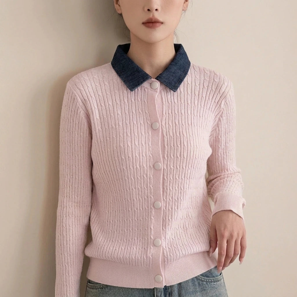 Chunky Knit Color-block Polo Neck Sweater for WomenLoose Fit Slimming Design Autumn/Winter Outwear — variant_front