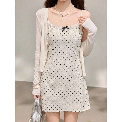 Apricot Polka Dot Short Strap Dress, Sleeveless Fitted Mini, Knitted Polyester, Effortless Summer — lifestyle
