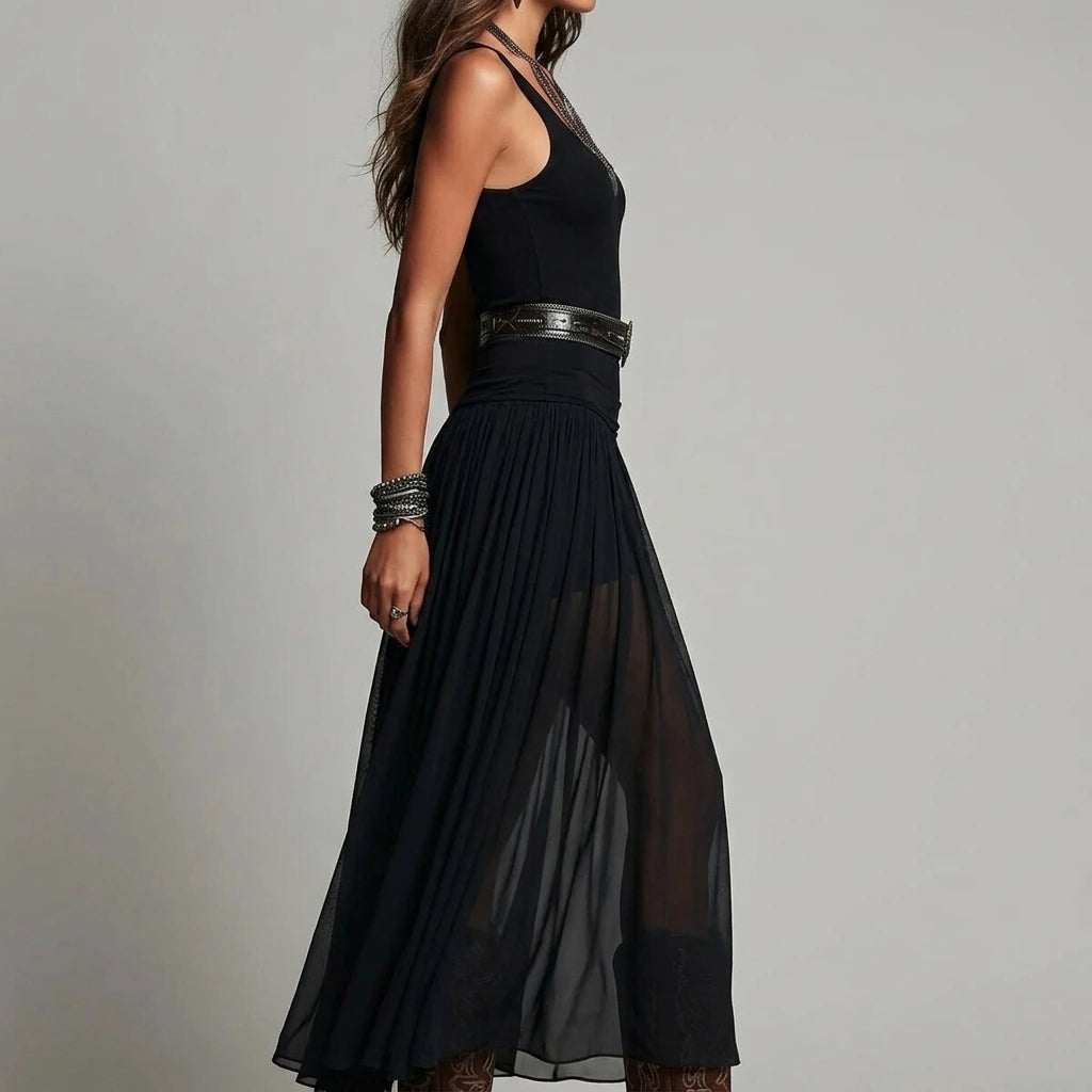 Summer New Black Strap Long Dress for Women, Mesh Dress with Belt — lifestyle