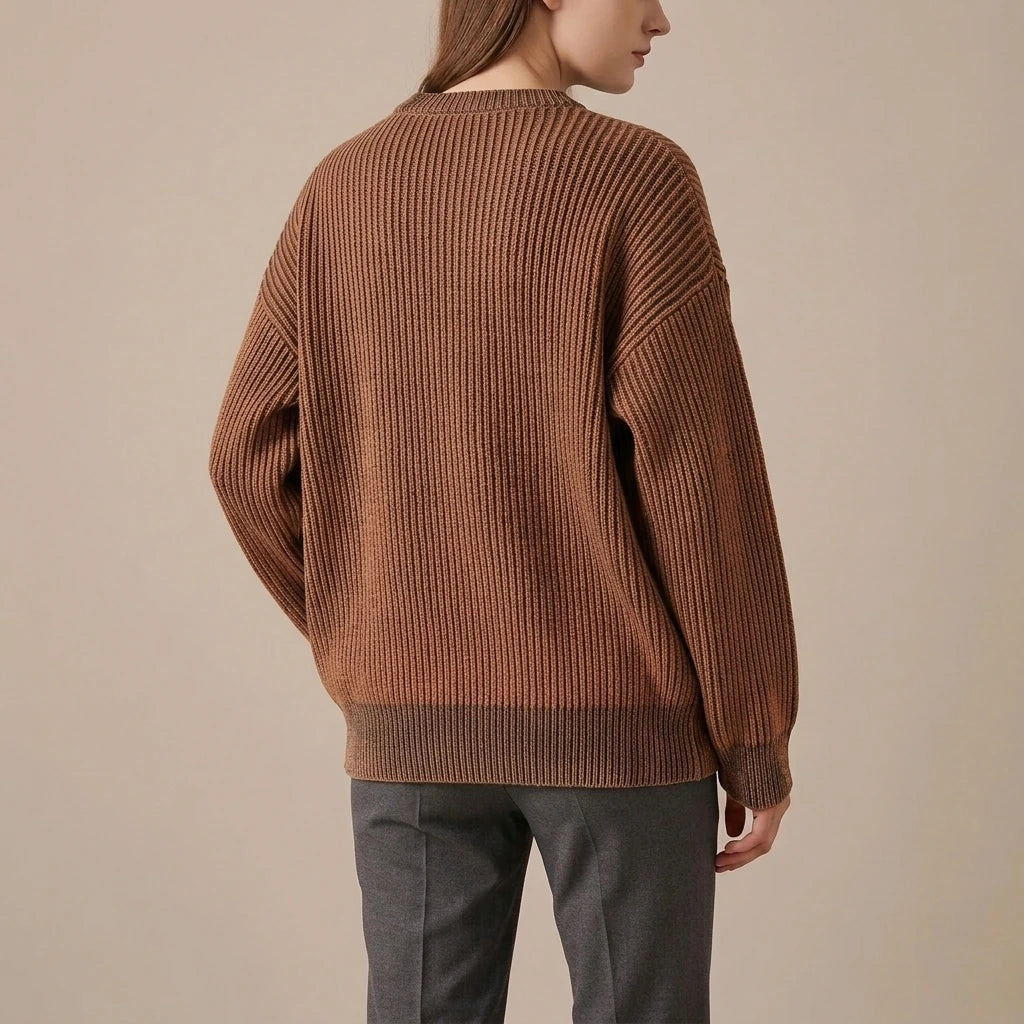 Simple Solid Color Distressed Chunky Knit Crewneck Loose Pullover Sweater — variant_front