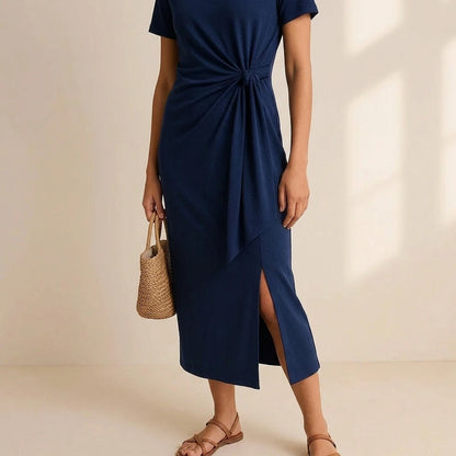 Elegant Blue Ruched Sheath Maxi Dress for Women, Short Sleeve, Knit, Casual Daily Wear, Natural Waisted, Summer, Polyester — lifestyle