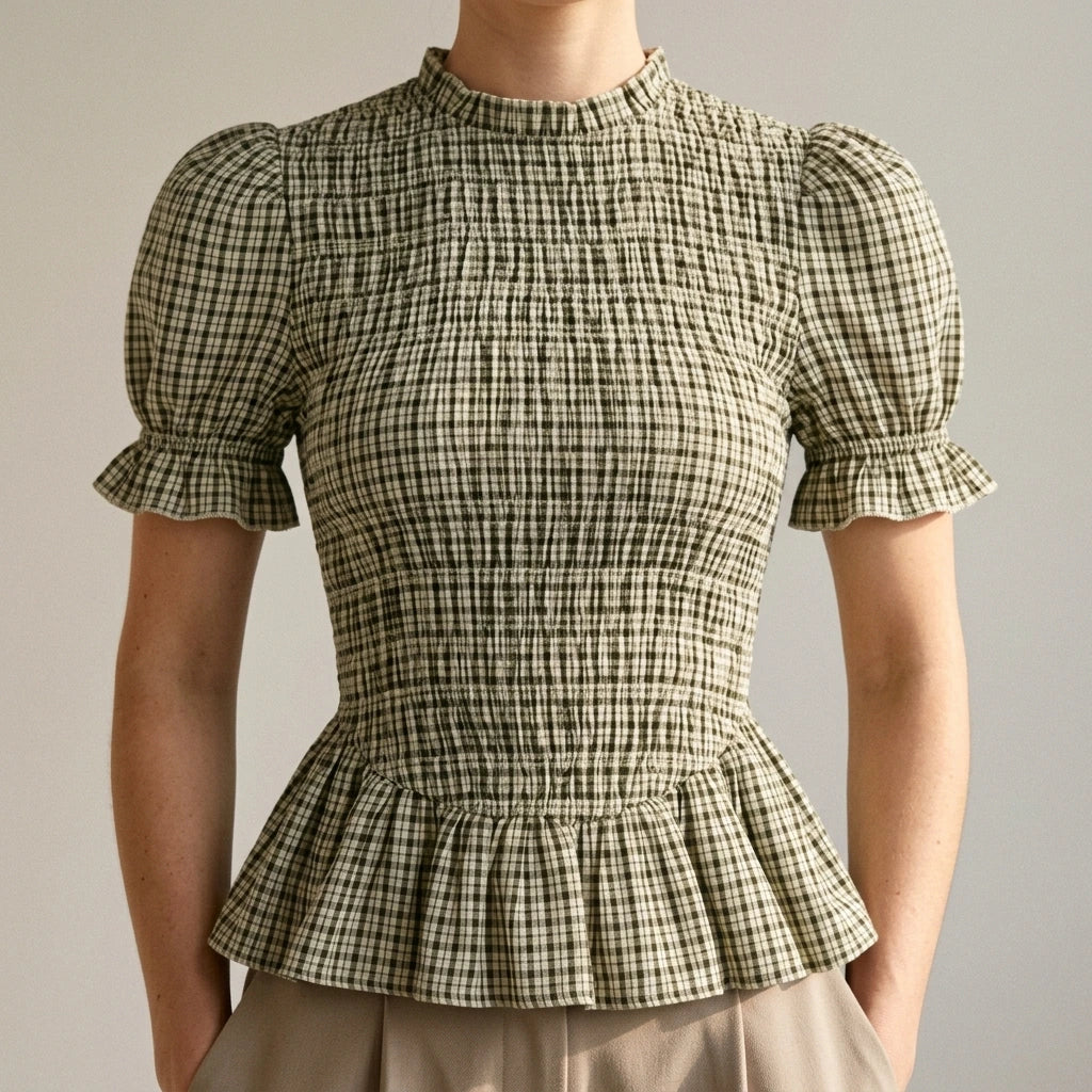 Apricot Shirred Ruffle Plaid Tee Top Women’s Lantern Sleeve Casual Workwear Daily Short Sleeve Polyester Spring Summer — lifestyle