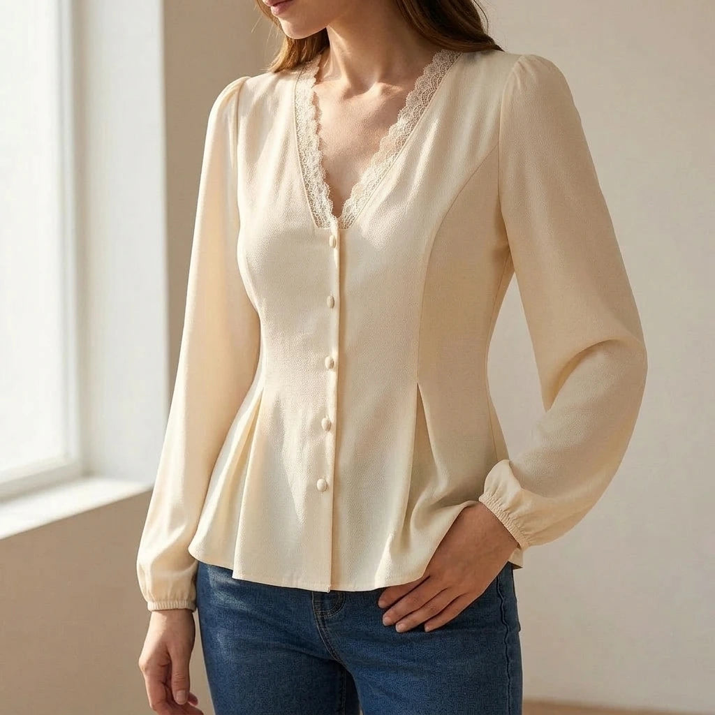 Elegant Pleated V Neck Blouse for Women, Long Sleeve Lantern Design, Daily Office or Casual Wear, Solid Apricot Polyester, Autumn Winter Spring — lifestyle_lead