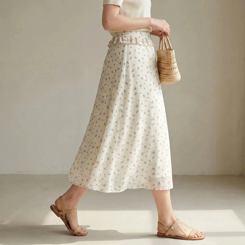 Elegant A-Line Chiffon Midi Skirt for Women, High Waist, Floral Print, Daily Office or Summer Outfits, Beige Polyester No Stretch — lifestyle_lead