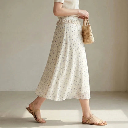 Elegant A-Line Chiffon Midi Skirt for Women, High Waist, Floral Print, Daily Office or Summer Outfits, Beige Polyester No Stretch — lifestyle_lead
