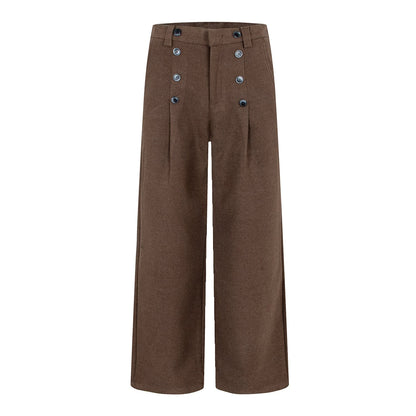 Fluid Trousers with Vertical Button Design, Loose Wide-Leg Tailored Fit, Pleated Straight Leg Pants — variant_front