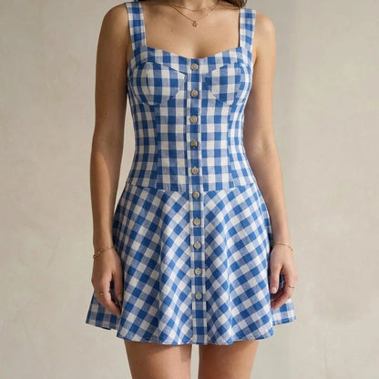 Chic Blue Plaid Skater Mini Dress Women’s Slip A-Line Sweetheart Neck Sleeveless Cotton Polyester Casual Summer Outfits — lifestyle