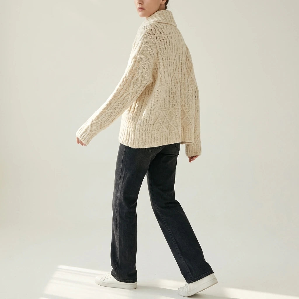 Turn-Down Collar Cable Knit Sweater Coat for Women Autumn Winter Retro Lazy Style Thick Chunky Knit Sweater — variant_front