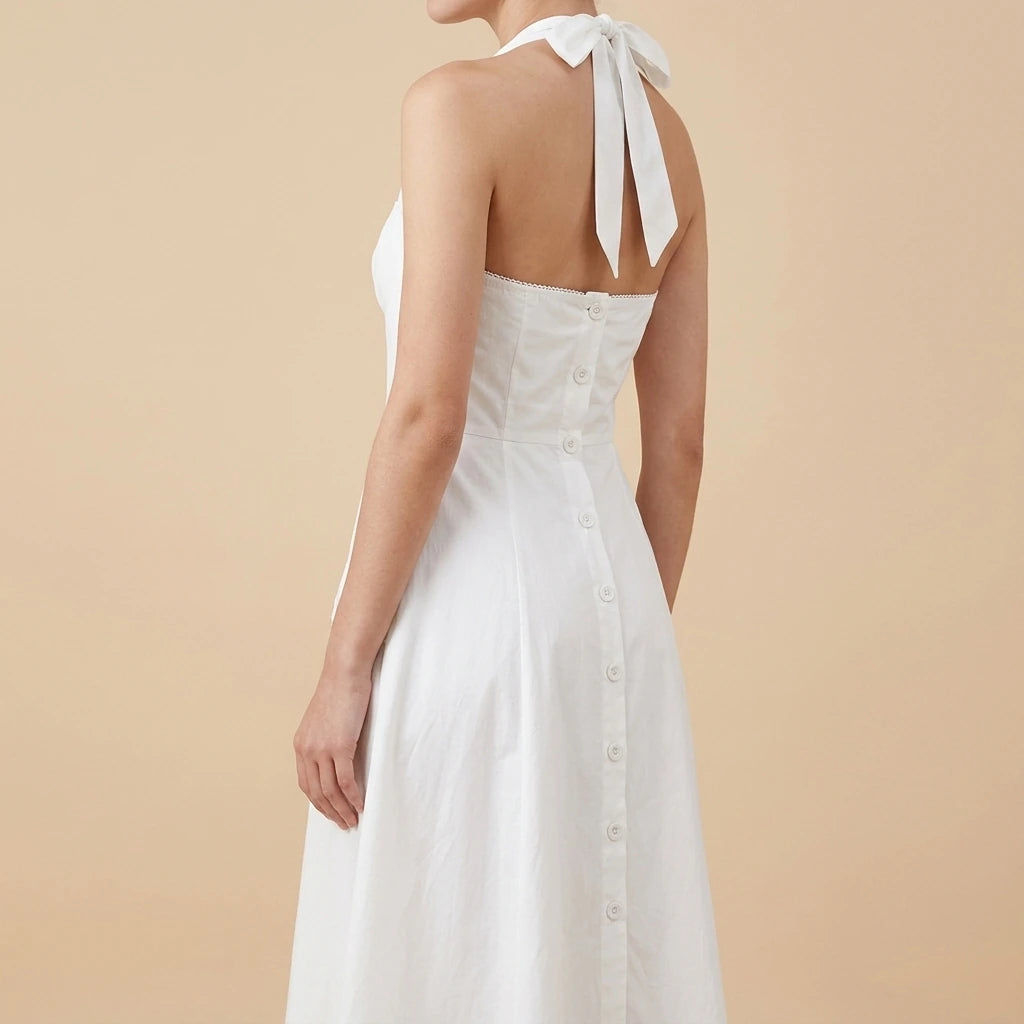 Vintage style neck button up mid length dress — lifestyle