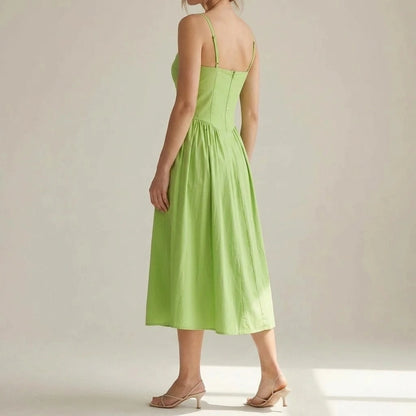 Elegant Green Pleated Slip Midi Dress Women's A-Line Sleeveless Sweetheart Neck Daily Wear Semi-Formal Summer Natural Waisted Polyester — lifestyle