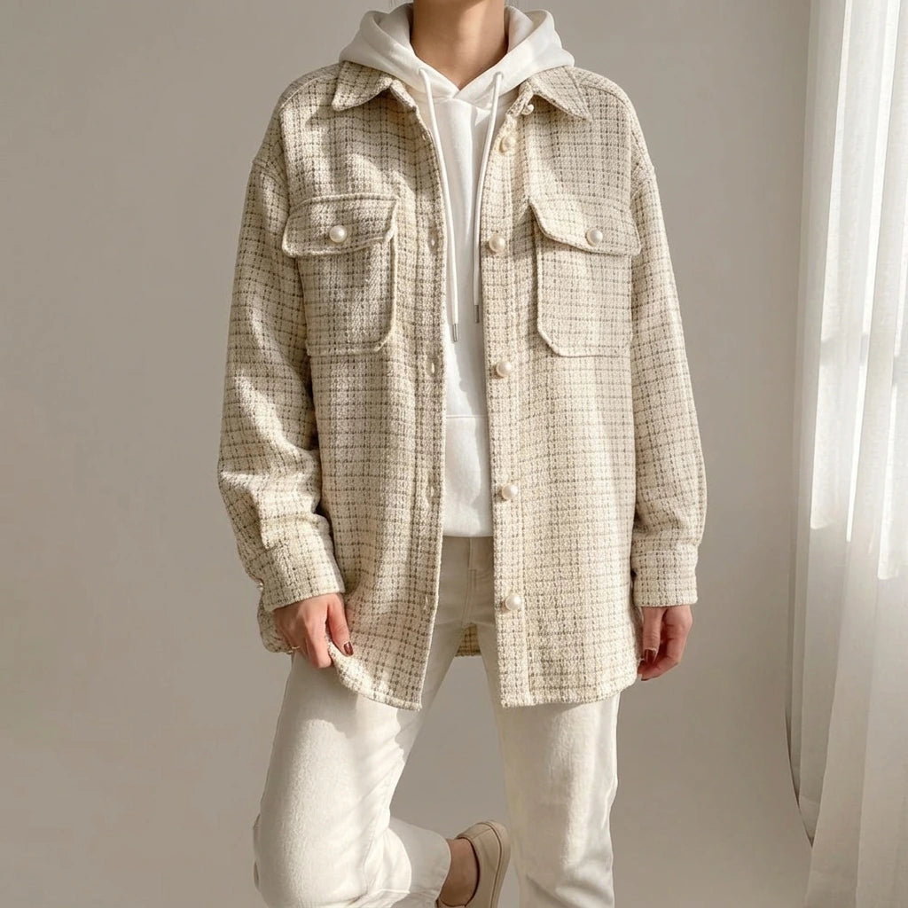 Women Blazer Tweed Shirts Plaid Oversized Jacket Casual Button Up Jacket Ladies Long Sleeve Women Casual Blazer Tops Beige Shirt — lifestyle