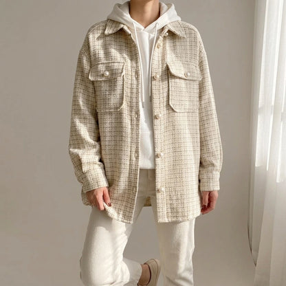 Women Blazer Tweed Shirts Plaid Oversized Jacket Casual Button Up Jacket Ladies Long Sleeve Women Casual Blazer Tops Beige Shirt — lifestyle