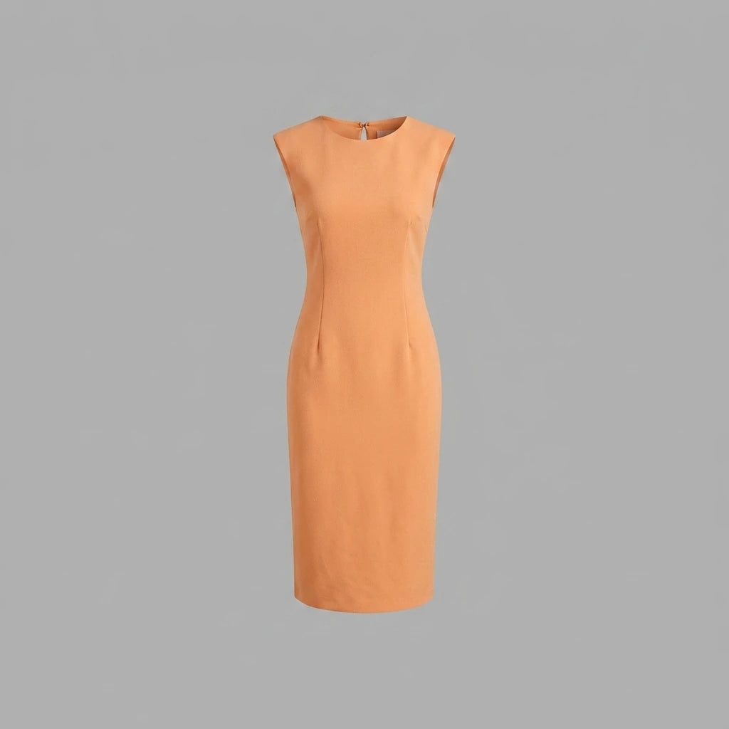 White Slim Fit Midi Dress, Sleeveless Round Neck, Solid Polyester, Effortless Summer Style — variant_front