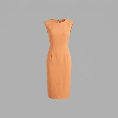 White Slim Fit Midi Dress, Sleeveless Round Neck, Solid Polyester, Effortless Summer Style — variant_front