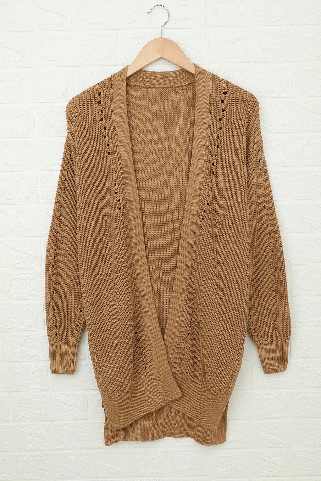 Apricot Drop Sleeve Cable Knit Cardigan with Slits — variant_front