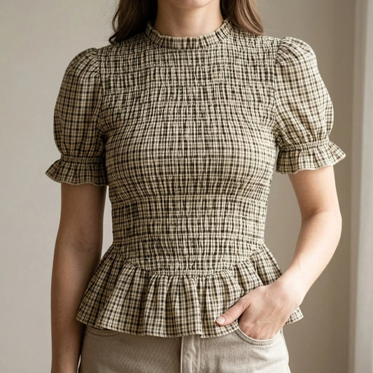 Apricot Shirred Ruffle Plaid Tee Top Women’s Lantern Sleeve Casual Workwear Daily Short Sleeve Polyester Spring Summer — lifestyle_lead